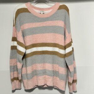Wonderly Pink Gray Brown Striped Long Sleeve Fuzzy Sweater L Cozy Casual Soft